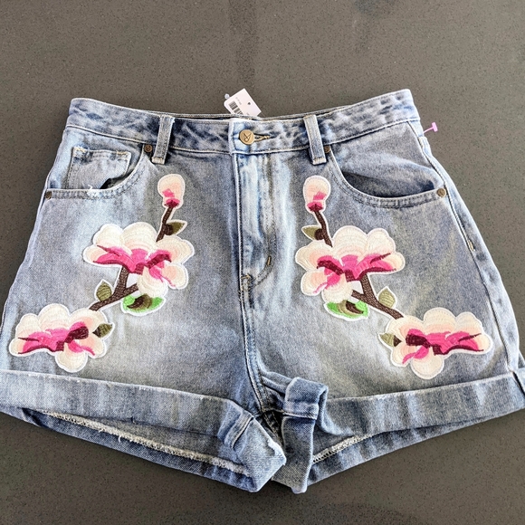 MINKPINK Pants - Sale: Blossom Patch, Mid-Rise Denim Cuff Shorts Light Wash and Orchid- MINKPINK